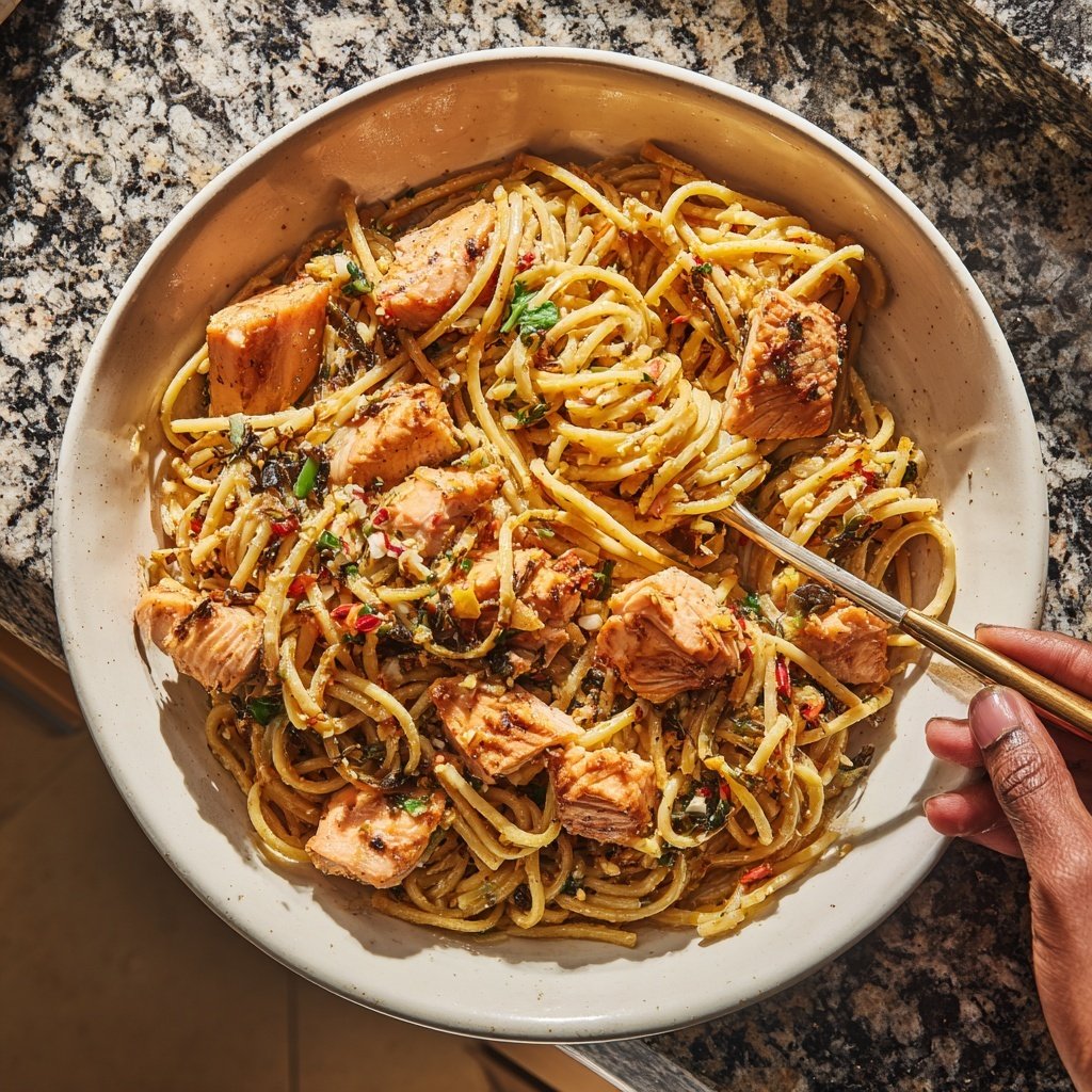 Baked Lemon Miso Salmon Pasta