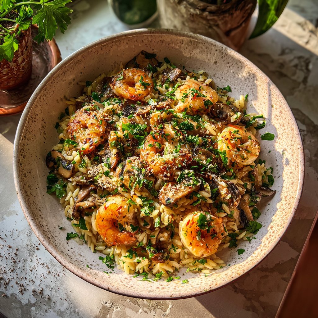 Shrimp and Mushrooms Orzo Bowl